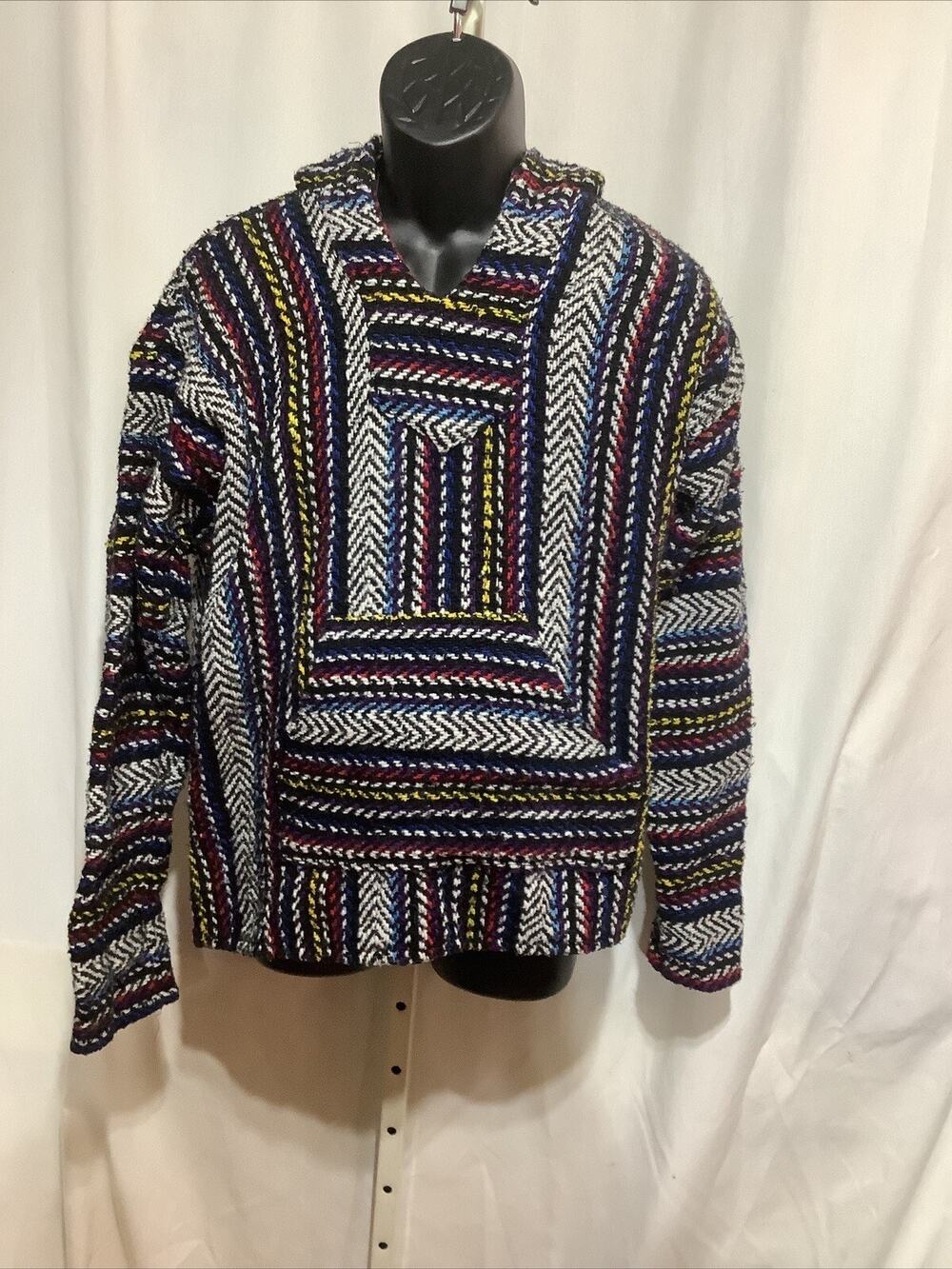 Vintage Baja Joe Hoodie Sweatshirt Mens Small Mexican Jerga Drug Rug Multicolor